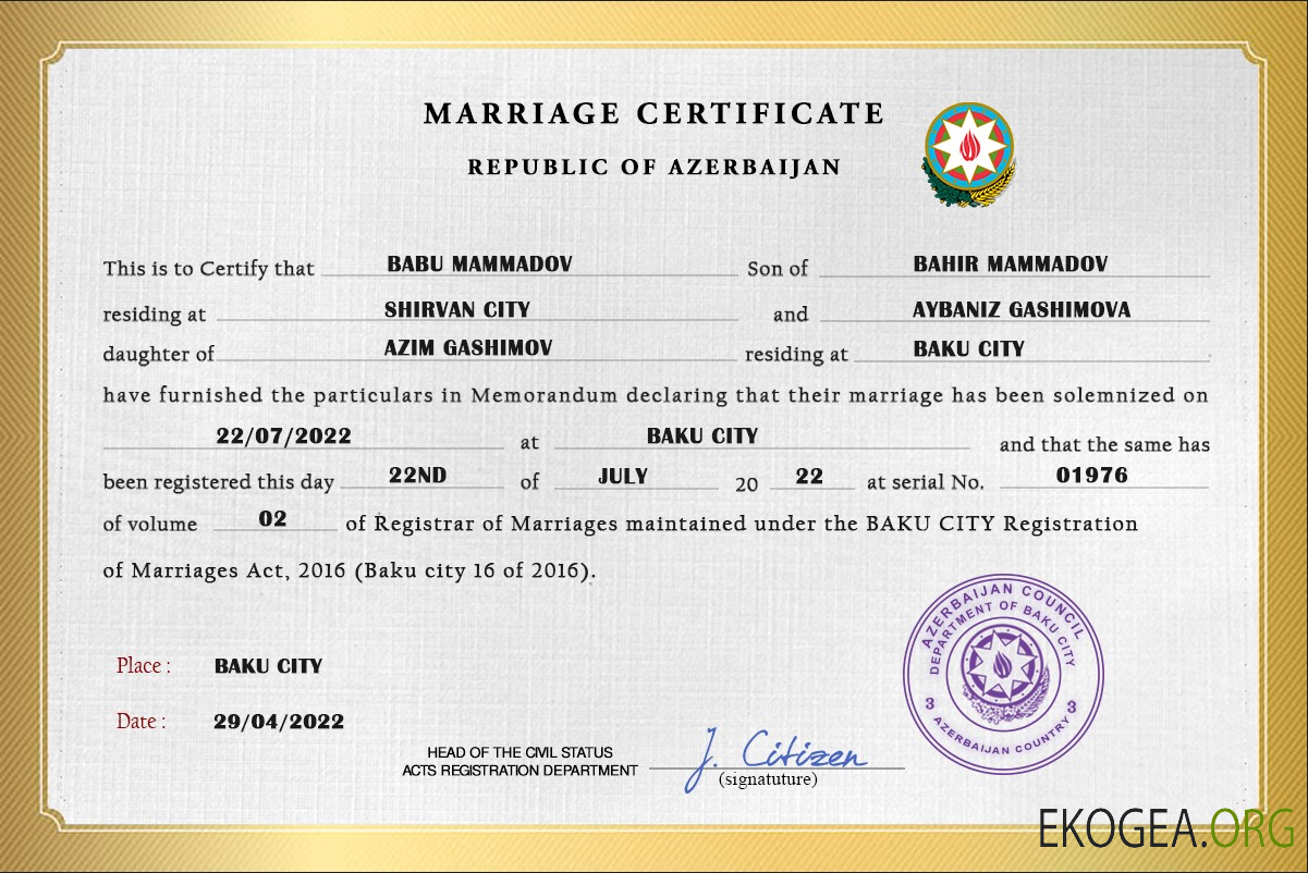 Acte de mariage en Azerbaïdjan